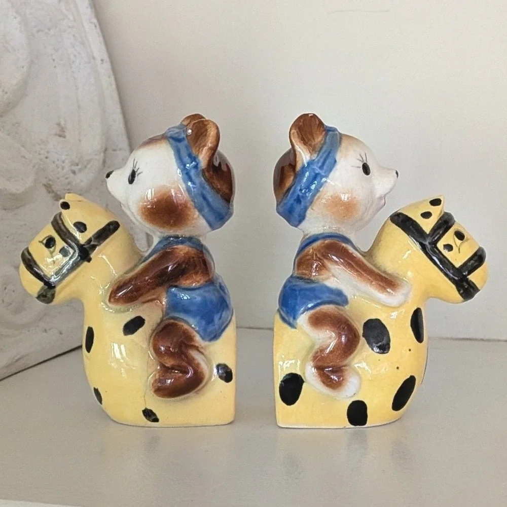 Vintage Japan Anthropomorphic Bears on Horse Floaties Salt and Pepper Shaker Set